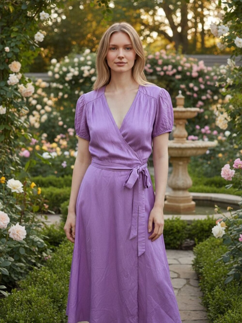 Calypso Christiane Celle Lavender Silk Wrap Dress Puff Sleeve Tie Waist XS